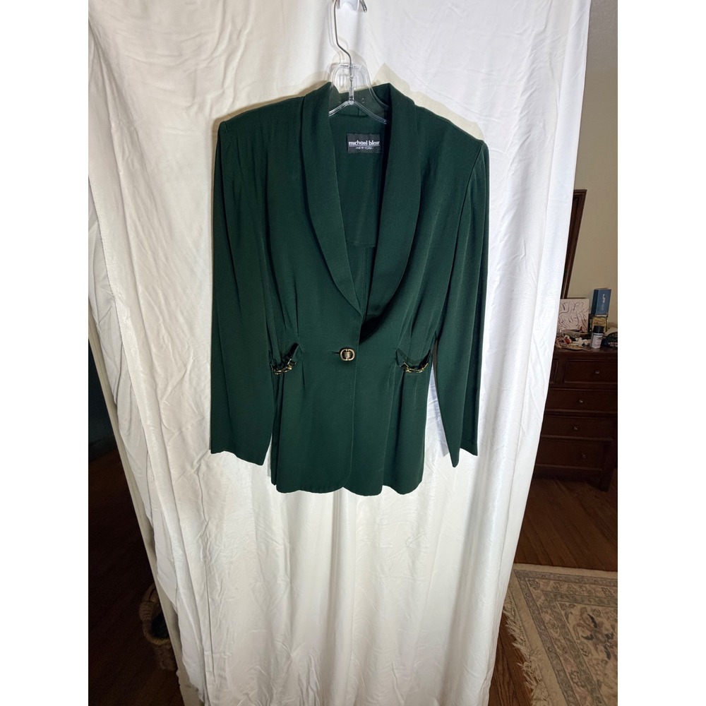 Michael Blair New York Vintage Pant Suit Forest Green Gold Buckle Blazer Set